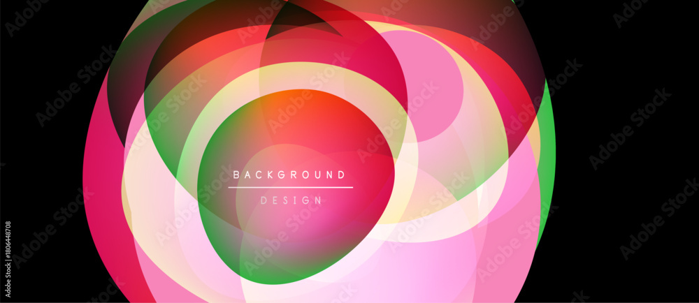 Fototapeta premium Abstract colorful layers create dynamic circular design. Soft gradients blend, forming modern background element. Text reads background design.