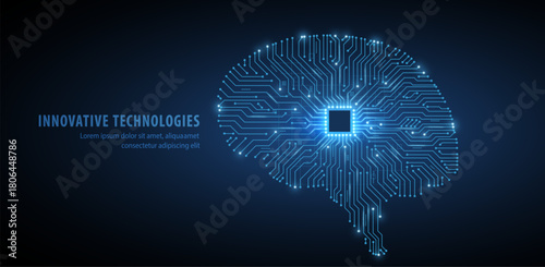 Brain-shaped circuit board with chip. Artificial intelligence, Digital memory, Deep neural network education technology, Brain connect, AI data analysis, Futuristic tech, AI concept

