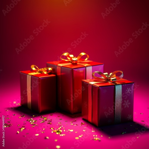 Three red and gold wrapped gifts on a pink background with scattered gold confetti festive and vibrant christmas background holiday background winter christmas design decoration merry celebration
