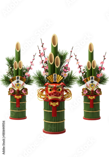 a trio of traditional japanese kadomatsu (bamboo, pine, plum blossoms) with a red shishimai lion mask and golden fan, high-key studio still life against white with copy space, concept of traditional