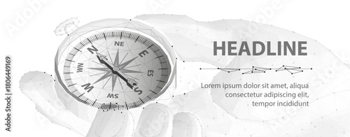Compass in digital hand. business strategic explorer, Vision crisis, Mission path, Agency creative, Digital strategy, Market decision, Achievement strategy, Financial stock, Company vision concepts

