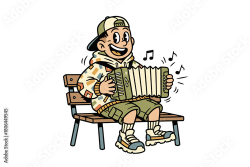 Young boy happily playing accordion on a park bench.