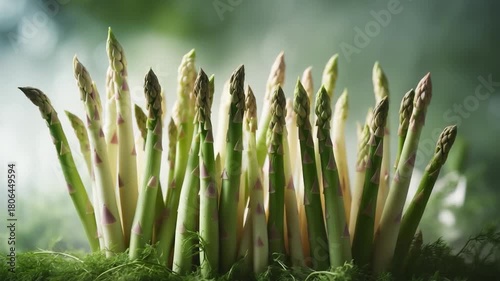 Close-up of vibrant green asparagus spears rising above lush green moss captured in soft natural light with a blurred background to highlight their textures and colors throughout the frame