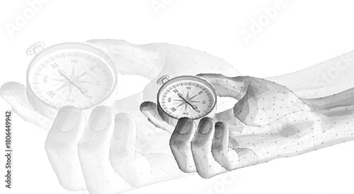 Compass in digital hand. business strategic explorer, Vision crisis, Mission path, Agency creative, Digital strategy, Market decision, Achievement strategy, Financial stock, Company vision concepts

