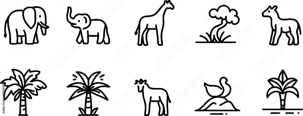 Obraz premium Minimalist line art of african wildlife icons featuring elephants and giraffes