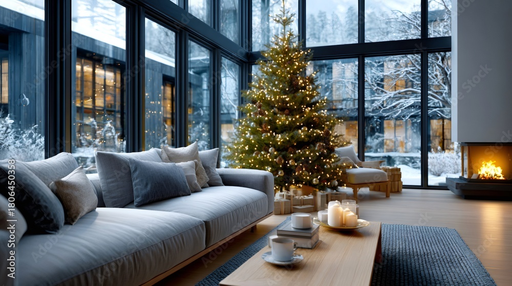 Naklejka premium Living room with christmas tree, fireplace, and snowy view