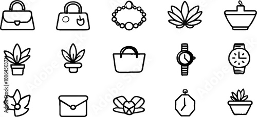 Minimalist line art of accessory icons featuring handbags, watches, and plants for print design
