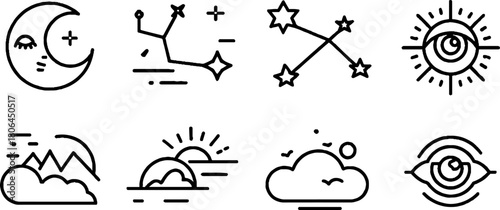 Minimalist line art collection of astrology icons and constellations for design