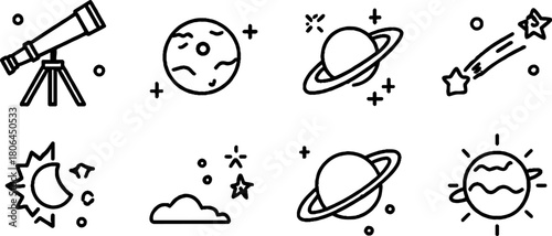 Minimalist line art collection of astronomy elements featuring telescopes, planets, and stars for creative design