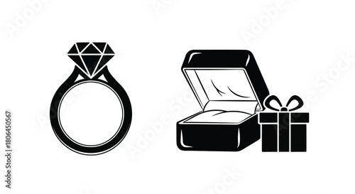 A diamond ring presented in an open gift box with a bow