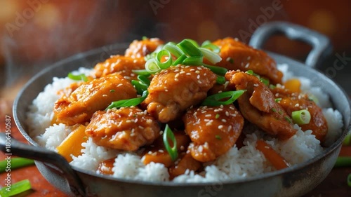 Close-up of delicious orange chicken pieces garnished with green onion and sesame seeds served on a bed of fluffy white rice steaming in a rustic metallic bowl highlighted by soft warm lighting and a