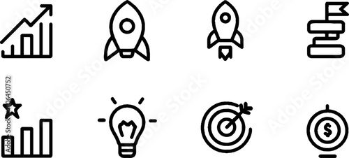 Minimalist line art icons depicting business growth and innovation for branding and design