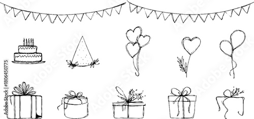 Vintage hand drawn birthday celebration elements for party design and decoration
