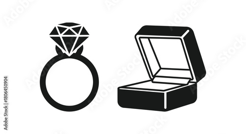 A simple black and white illustration of a diamond ring and open box