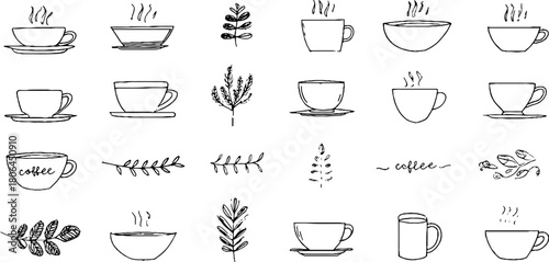 Minimalist coffee line art set with cups and beans for café decor