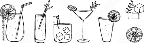 Minimalist line art of cocktail glasses and elements for modern design