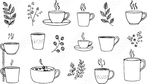 Minimalist line art coffee set with cups and beans for café design