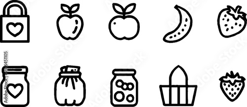 Minimalist line art collection of eco-friendly food items and fruits for design projects