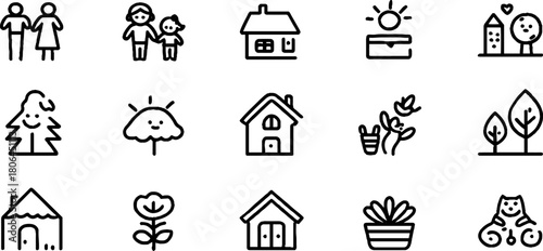 Minimalist line art symbols of family and home life for creative design projects
