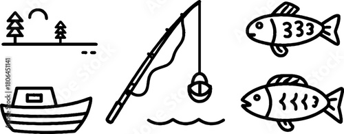 Minimalist line art set featuring fishing equipment and marine life for design purposes