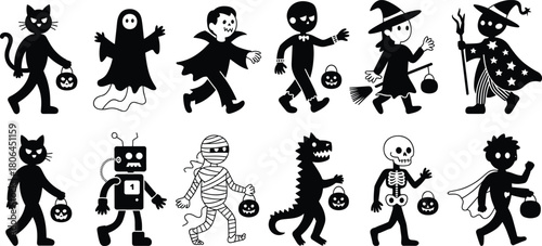Black and white Halloween costume silhouettes of kids trick or treating dressed as monsters, witches, robots and animals for festive graphic designs