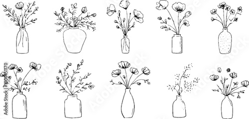 Minimalist floral line art collection featuring flowers in vases for elegant design projects