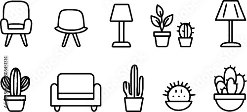 Minimalist line art collection of furniture and plants for interior design projects