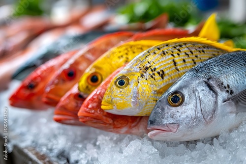 Fresh seafood fish laying on crushed ice at market