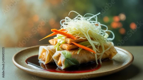 Close-up of fresh spring rolls stacked on a neutral ceramic plate garnished with sliced carrots and scallions served with a glossy dark sauce presented in soft natural light against a blurred outdoor