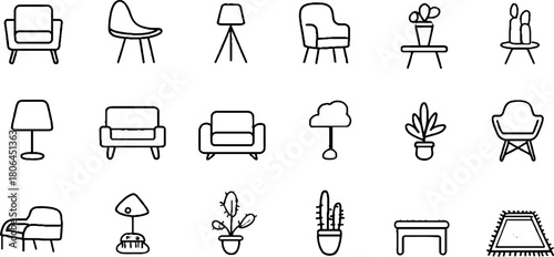 Minimalist line art collection of furniture and decor elements for contemporary design