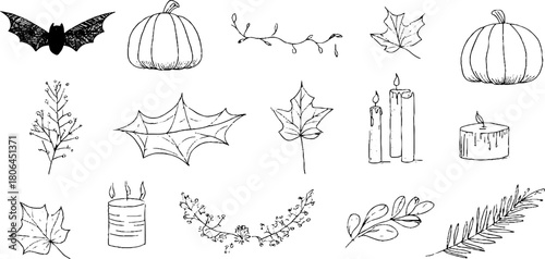 Minimalist halloween line art set with pumpkins, bats, and spooky elements for seasonal decor
