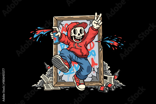 Skeleton Graffiti Artist Spray Painting with Joy.