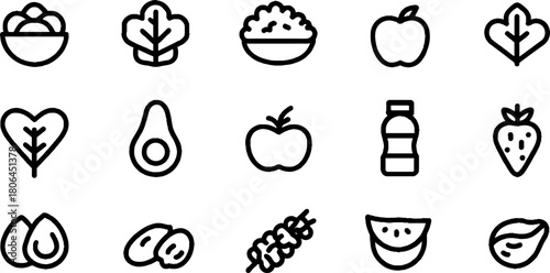 Minimalist line art collection of healthy food icons featuring salad and fruit for design use