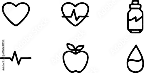Minimalist line art set of healthy lifestyle icons featuring heartbeat, apple, and water bottle for wellness design