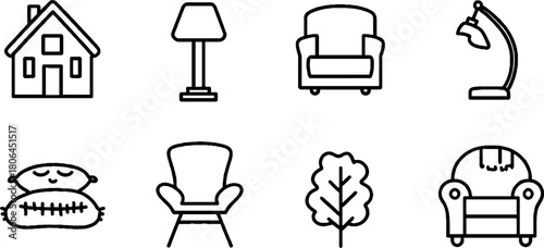 Minimalist line art set of home icons featuring house, lamps, and furniture