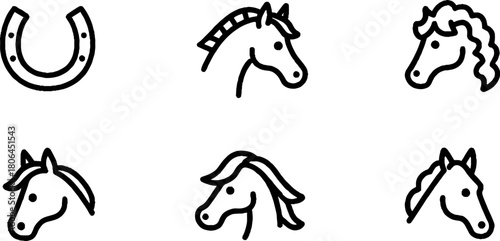 Minimalist line art collection of horse icons and horseshoe for equine design