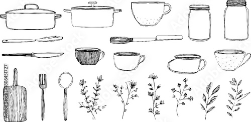 Minimalist line art of kitchen utensils and herbs for design and decoration