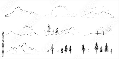 Minimalist line art landscape compositions for design and decor