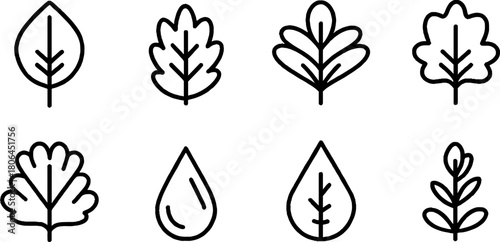 Minimalist line art leaf and label design icons set for eco-friendly branding
