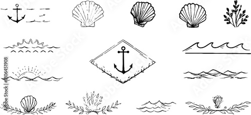 Minimalist marine line art set with anchor and seashell designs for nautical decor