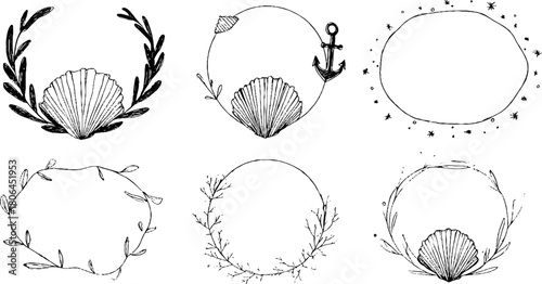 Minimalist marine-themed line art frames featuring waves and anchors for design projects