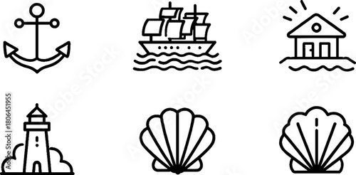 Minimalist line art of marine icons set featuring anchor ship house lighthouse shells