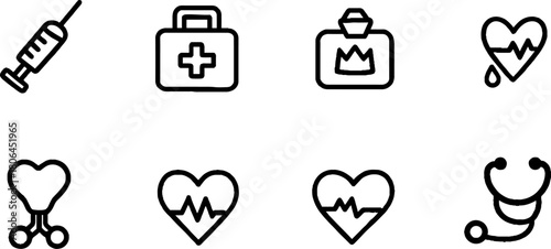Minimalist line art set of medical symbols featuring syringe and heart designs for healthcare posters