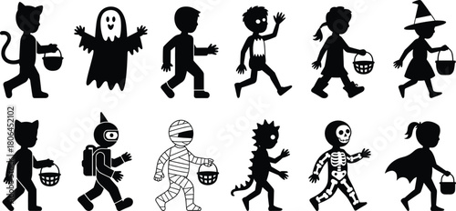 Black and white Halloween costume silhouettes of kids trick or treating dressed as monsters, witches, robots and animals for festive graphic designs