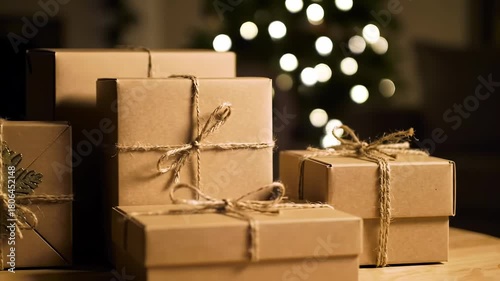 Festive Gift Boxes Stacked with Christmas Tree Lights in Background.
