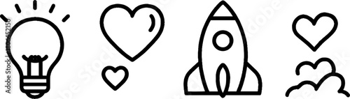 Minimalist motivation icons set featuring light bulb heart and rocket for inspirational design
