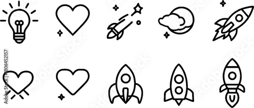 Minimalist line art set of motivational icons featuring light bulb and rocket designs for inspirational use