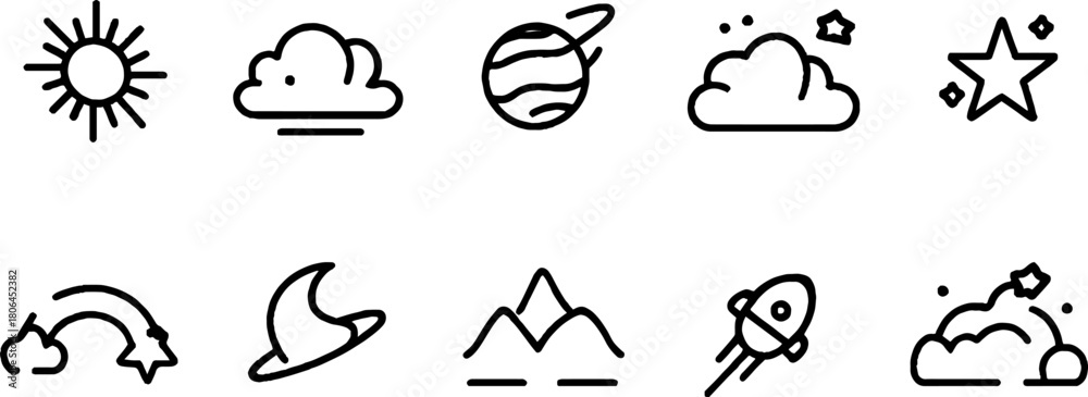 Naklejka premium Minimalist line art set of night sky icons featuring stars and celestial elements for design