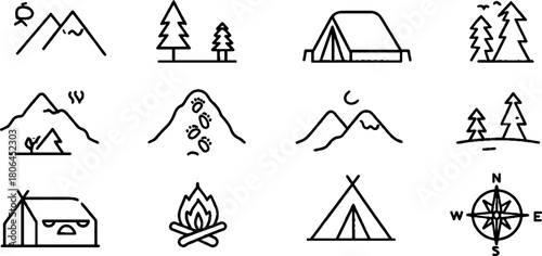 Minimalist mountain and camping icon set for outdoor adventure design