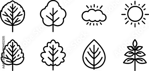 Minimalist line art icons featuring nature elements for eco-friendly designs